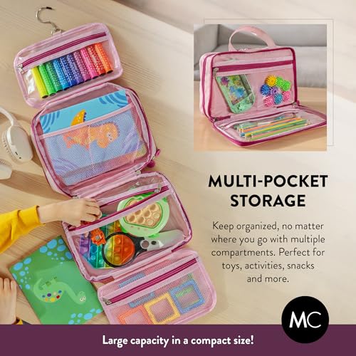 Kids Travel Organizer – Multi-Compartment, Water-Resistant Hanging Bag for Toys, Snacks, & Activities - Compact, Lightweight Design with Hook & Carry Handle - Perfect for Travel Use (Pink, Small) - color: Pink, size: Small
