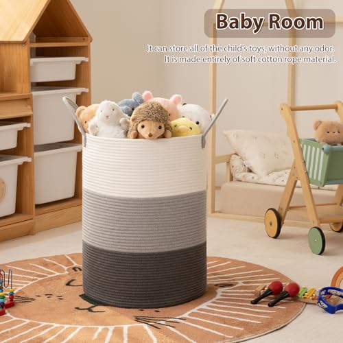OIAHOMY Large Laundry Basket Hamper - 60L Cotton Rope Woven Basket for Blankets, Toys, Clothes - Tall Decorative Nursery Hamper with Long Handles, Gradient Grey - color: Gradient Grey, size: 60L