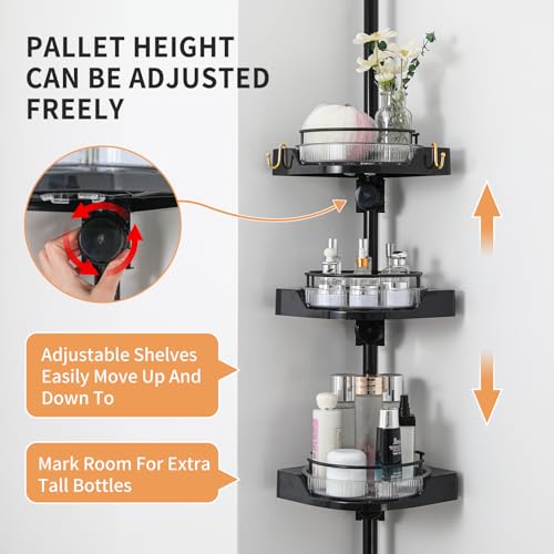 360° Rotating Shower Caddy Tension Pole, 3 Tiers Corner Shower Organizer for Bathroom Shelf Bathtub, Adjustable Standing Shower Rack Bathroom Accessories, Easily Assemble, 34-124 Inch Height, Black - color: Black, size: 3tiers