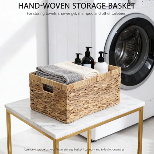 Woven Natural Water hyacinth basket Rectangular organizer basket with Handle for Desktop, Bathroom, Entryway,Kingwillow.(Small) - size: Small