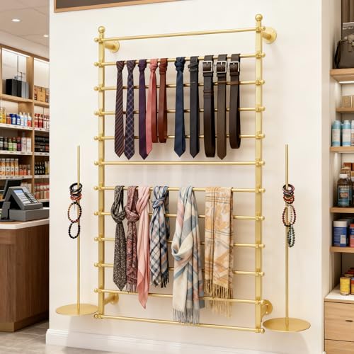 12 Layers Gold Wall Display Stand Wrapping Paper Ribbon Organizer Tie Scarf Rack Belt Towel Holder Spool Hijab Stand Metal Shelving for Home, Retail Stores, Flower Shop, Studio, Sewing-80cm - color: Gold, size: L: 31.5 in, H: 47.2 in