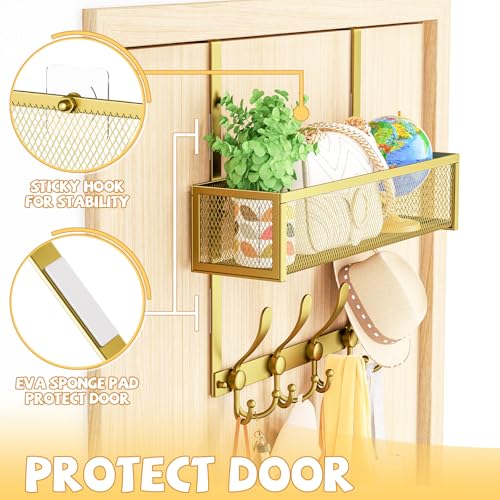 Kaiferty Over The Door Hooks Organizer,Over Door Hanger Towel Rack Mesh Basket with 12 Hooks,Back of Door Storage Organizer for Bedroom,Bathroom,Kitchen,Office(Gold) - color: 1 Upgrated Baskets-Gold