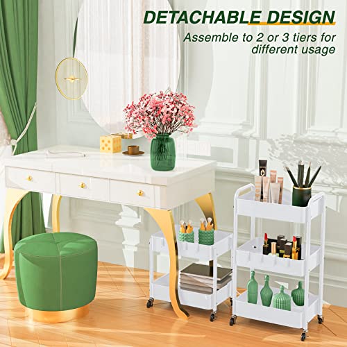 LEHOM 3 Tier Rolling Storage Cart, Metal Trolley Utility Cart with Wheels & Hooks, Easy Assembly Organizer Storage Cart for Bathroom Kitchen Office Bedroom - color: White