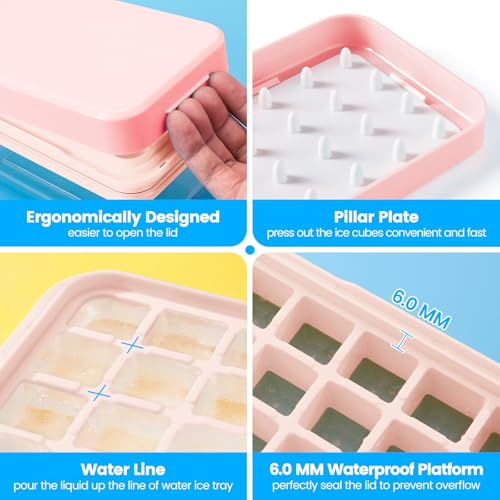 PHINOX Ice Cube Tray with Lid and Bin, 3 Pack Plastic Ice Cube Tray Molds, 84 pcs Ice Trays for freezer, Chilling Drinks, Whiskey & Cocktails, with Ice Container and Ice Scoop, BPA-Free - color: Pink, size: 0.8"-3tier