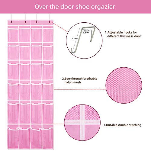 SAVERHO 2 Pack Hanging Shoe Organizer，Over Door Shoe Organizer with 24 Mesh Large Pockets Shoe Storage Bag for Sport Shoes Size:58x21 Inch Hanging Door Shoe Rack Organizer (Pink-2pack) - color: Pink-2pack of 24 pocket