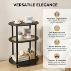 Small Rattan Side/Accent Table with Storage, 3 Tier Round/Oval End Table with Rattan Shelf & Metal Basket, Boho Nightstand, Tool Free Assembly/Screw-Hole Free Tabletop-Living Room Bedroom-Black - color: Black-rattan, size: 1PC