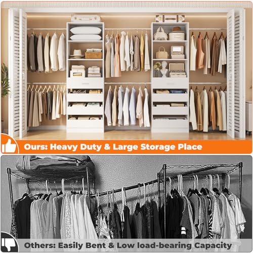 Aheaplus Closet System Set of 2, 4-9Ft Wood Closet Organizer with Drawers & Shelves, Closet Organizer System with 8 Hanging Rods, Walk-in Closets Organizer Wardrobe Closet Rack, White - color: White-2Sets