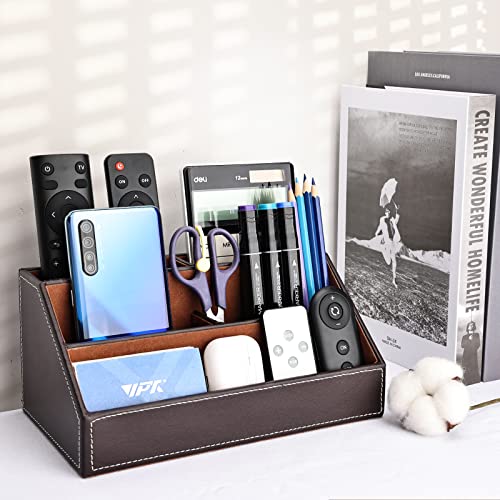 KINGFOM Pu Leather Desk Organizer with 5 Compartments Holder, Multi-Functional Office Supplies Storage Caddy for Pen/Pencil, Phones, Remote Controller and Desktop Accessorie Brown - color: Brown