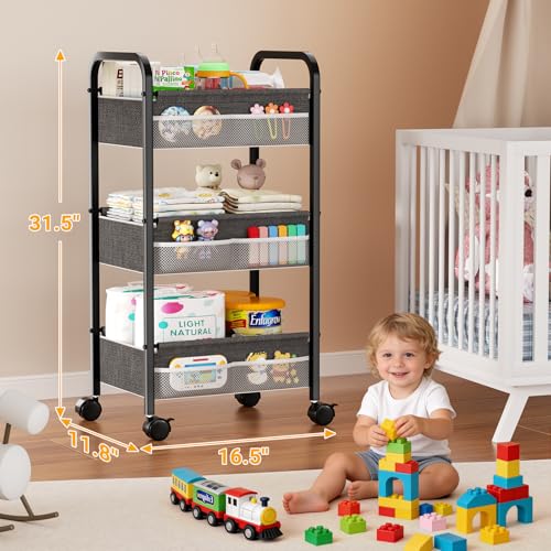 Baby Diaper Caddy Rolling Utility Cart, 3 Tier Baby Essentials Nursery Organizer and Storage with Dividers and Drawers for Crib, Bedroom, Art & Craft Organizer (Black) - color: Black