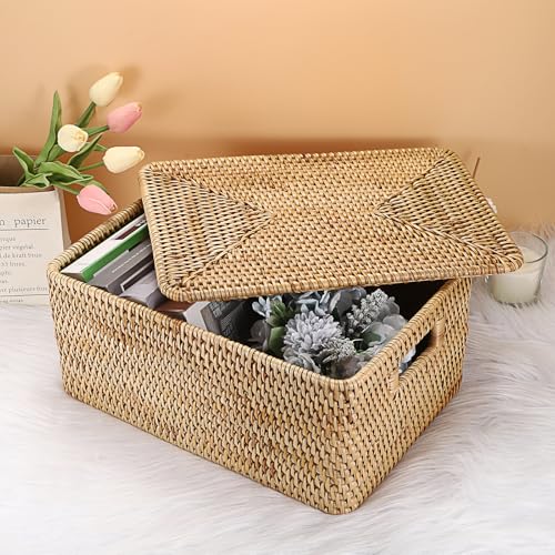 Hipiwe Rattan Basket With Lid Rectangular Lidded Basket Natural Hand-Woven Wicker Storage Basket Bin for Shelf Organizing Picnic Food Bread Table Storage Basket, 15.1 x 11.2 x 7.3 inch - size: 15.1"L x 11.2"W x 7.3"H