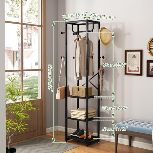 IBUYKE Coat Rack with Shelves, Freestanding Hall Tree with 3 Shelves and 8 Hooks, Industrial Clothes Stand for Entryway, Hallway, Bedroom, Black UTMJ088B - color: Black