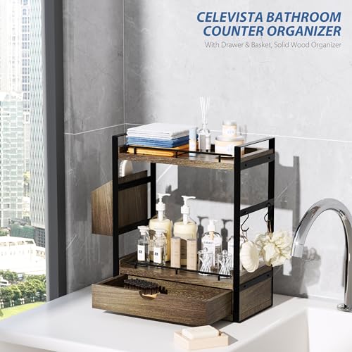 2-Tier Wood Bathroom Counter Organizer, Countertop Organizer with Drawer and Storage Basket, Bathroom Sink Organizer for Vanity, Skincare, Makeup, and Daily Essentials (Dark Brown) - color: Dark Brown