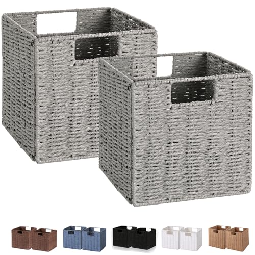 Vagusicc Wicker Basket, Set of 2 Hand-Woven Wicker Storage Basket, Foldable 11 inch Cube Storage Bins, Storage Baskets for Organizing Shelves, Closet Organizers and Storage Bins, Gray (11″×11″×11″) - color: Grey, size: 11'' x 11'' x 11''