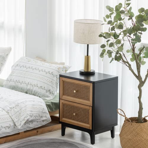 COZAYH 2 Drawer Bedroom Nightstand, Boho Farmhouse Bedside Table - Accent Table Stand with Drawer Organizer Storage and Weave Pattern Front, Black - color: Black, style: 2 Drawer/1 pack