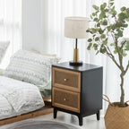 COZAYH 2 Drawer Bedroom Nightstand, Boho Farmhouse Bedside Table - Accent Table Stand with Drawer Organizer Storage and Weave Pattern Front, Black - color: Black, style: 2 Drawer/1 pack