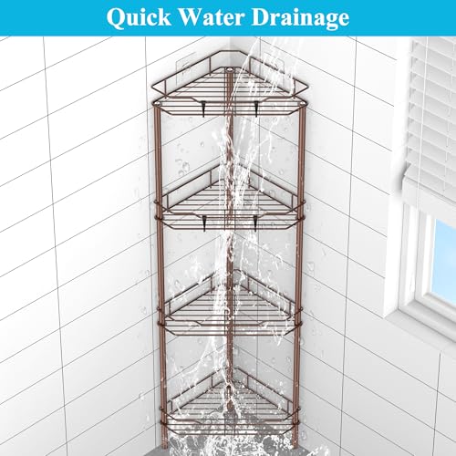 HuggieGems 4 Tier Floor Standing Corner Shower Caddy Organizer Shelf with Hooks, Bathroom Shelves Stand Rack, Coffee - color: Coffee, size: 4 Tier