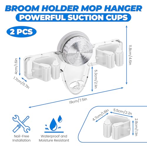 LELE LIFE 2 Pack Broom Holder Mop Hanger - Strong Suction Cup - No Drill Removable Broom Organizer Rack Wall Mount with Hooks for Bathroom Kitchen Garage, Clear - color: Clear