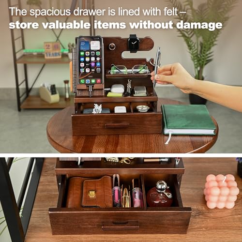 TESLYAR Wood Phone Docking Station with Drawer - Nightstand Organizer - Desk Organizer for Husband - Birthday Gifts for Men, Dad, Anniversary, Key Holder Stand Watch, Accessories (Chocolate Brown) - color: Chocolate Brown