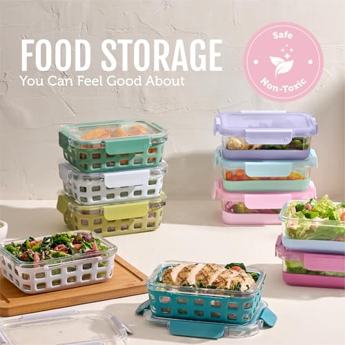 Ello Duraglass 3.4 Cup Meal Prep Sets 10Pc, 5 Pack Set- Glass Food Storage Container with Silicone Sleeve and Airtight BPA-Free Plastic Lids, Dishwasher, Microwave, and Freezer Safe, Meadow - color: Meadow, size: 3.4 Cup