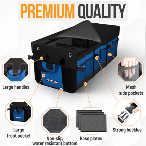 FORTEM Trunk Organizer with Cooler For SUV Car Organizer and Storage, Collapsible Multi-Compartment, Perfect Christmas Gifts For Men, Women, 1680D Oxford, Non Slip Bottom, Straps, Soft Cover 110L - color: Blue, size: Double Extra Large (110L)