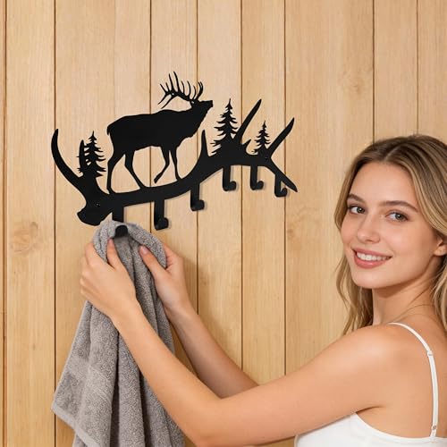 Elk Antler Key Holder Wall Mount – Rustic Key Rack for Wall with Hooks, Black Metal Deer Key Hanger, Wall-Mounted Key & Coat Hooks for Entryway, Cabin or Mudroom - color: Elk Antler