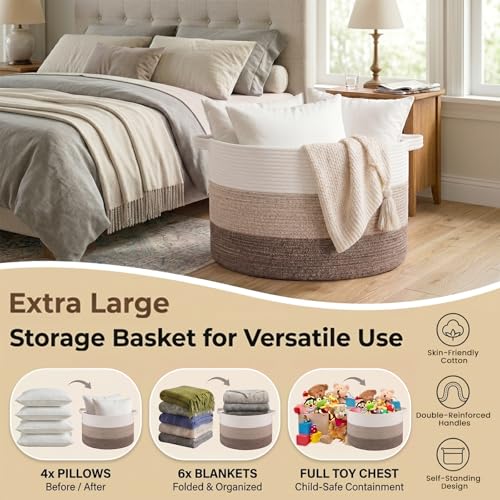 OIAHOMY 90L Blanket Basket for Living Room, Large Basket 23" x 23" x 13" with Handle, Laundry Hamper for Blankets, Pillows, Toy Storage for Kids, Dogs - Gradient Brown - color: Gradient Brown, size: 23" x 23" x 13"