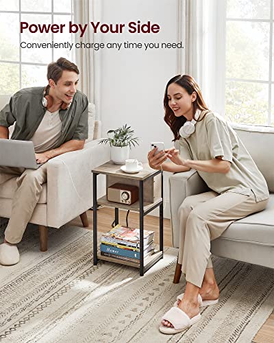 VASAGLE Side Table with Charging Station, 3-Tier End Table with USB Ports and Outlets, Nightstand for Living Room, Bedroom, 11.8 x 13.4 x 22.8 Inches, Plug-in Series, Greige and Black - color: Greige + Black