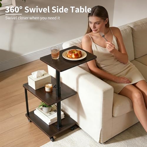360° Swivel Side Table with Storage, Height Adjustable, Smooth-Rolling Wheels, C-Shaped End Table for Couch/Sofa, Recliner, Living Room, Black Walnut-Look - color: Black Walnut - Look