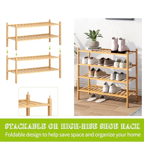 BMOSU 4-Tier Bamboo Shoe Rack Premium Stackable Shoe Shelf Storage Organizer for Hallway Closet Living Room Entryway Organizer (Natural Bamboo) - color: Natural Bamboo, size: 4-Tier（27*11*25.2inches）