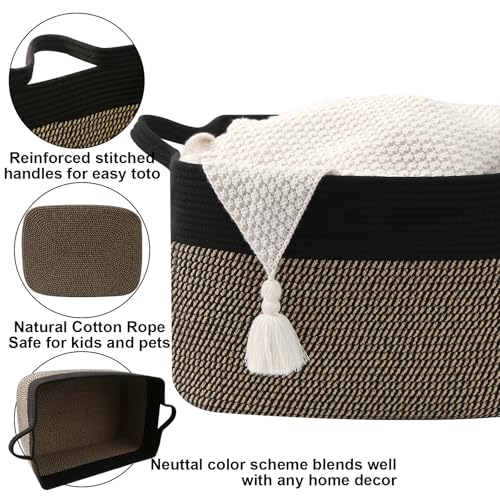 Large Blanket Basket,Woven Rope Basket Storage Bin with Handles,65L Rectangle Laundry Basket for Magazines,Toys,Clothes,Newspaper Shelf Organization,Nursery and Living Room,Black&Jute - color: Black & Jute, size: 21"x16"x12"(65L)