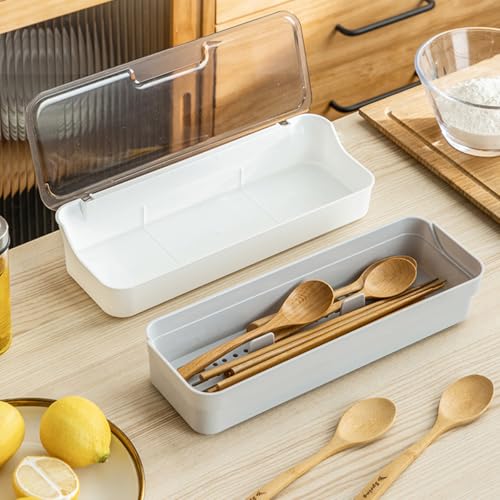 Plastic Kitchen Drawer Organizer with Lid and Drainer Stackable Utensil Holder for Countertop Silverware Tray Flatware Organizers - 13x4.7x2.4 Inch Spatula Cutlery Storage Box - color: Clear White