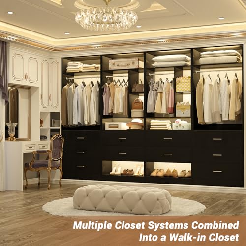 Besiost 4FT Closet Systems with 5 Wood Drawers, 48 Inch Closet Organizer System with 2 Hanging Rods & 7 Shelves, Heavy Duty 48" Walk-in Closet, Black (48"L x 15" W x 80" H) - color: Black