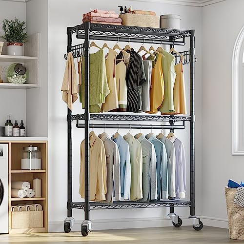 VIPEK R2 Clothes Rack Heavy Duty Clothing Rack for Hanging Clothes, Rolling Garment Rack Adjustable Closet Racks with Double Rods & Hooks, Freestanding Wardrobe Closet Coat Storage Racks, Black - color: Black, size: R2