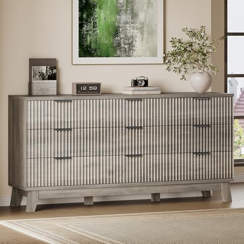 BORNOON 63" Long Dresser for Bedroom, 9-Drawer Fluted Dresser, Extra-Wide Wood Chest of Drawers with Smooth Metal Slides, Stable Base, Modern Clothes Storage Cabinet for Living Room, Hallway, Nursery - color: Rustic Drift, size: XL 9-Drawer