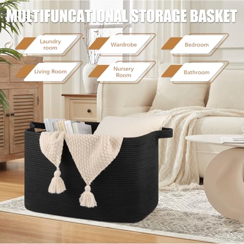 OIASKET 118L Extra Large Blanket Basket, 24.8"x17.7"x16.2" Woven Rope Baskets for Storage, Nursery Blanket Storage for Living Room, Toy Basket with Handle Organizing Comforter Cushions Pillows, Black - color: Black