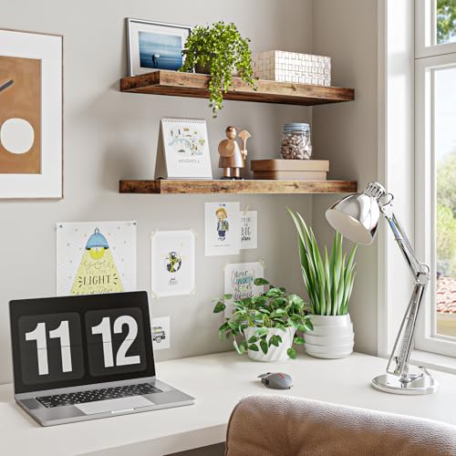 Fixwal Wood Floating Shelves for Wall, 22" Long Wall Mounted Shelves for Living Room, Bedroom, Bathroom and Kitchen, Wall Shelves for Storage, Books, Room Decor (Rustic Brown, Set of 2) - color: Rustic Brown, size: 22in
