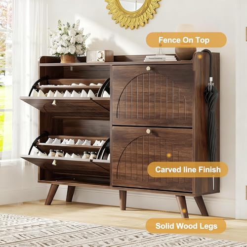 Decofy 47.2” Shoe Cabinet with 4 flip-Down Drawers, Three Adjustable Levels, freestanding Wooden Shoe Rack, Suitable for entryway, Hallway, and Living Room (Walnut) - size: 4 Flip-Down