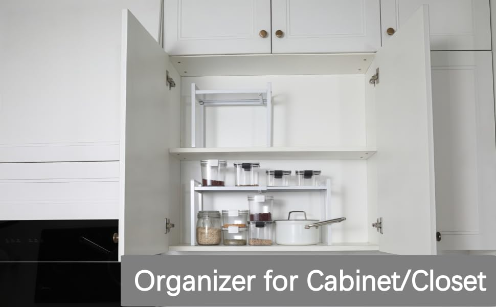 Expandable Cabinet Shelf Organizer Riser for Kitchen Pantry Cupboard Under Sink Countertop (white, 8.2’’D * 12.2-21.6’’W * 10.4’’H) - color: White, size: 8.2''D * 12.2-21.6''W * 10.4''H