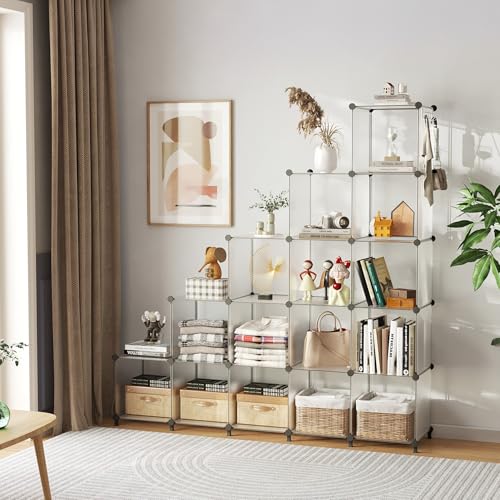 AWTATOS Cube Storage Organizer, 16 Cube Closet Organizer, Stackable Storage Cube Shelves, DIY Portable Closet Clothes Organizer Shelving for Bedroom, Closet, Wardrobe, Bathroom, Translucent - color: Transparent, size: 4x4