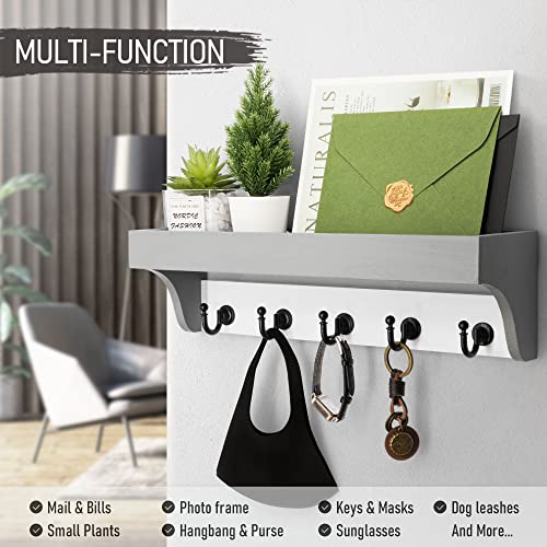 Rebee Vision Key Holder with Mail Organizer Wall Mount - Decorative Home Essentials for Key Rack with 5 Rustic Keys Hooks - Modern House Decor for Entryway (Gray & White) - color: Gray&White