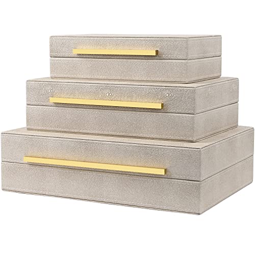 Ivory Shagreen Box Set Of 3 Faux Leather Decorative Boxes, Large Modern Nesting Storage Decorative Boxes with Lids for Home Decor Stacking jewelry Box Organizer - color: Ivory-2, size: 3 pack
