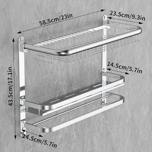 CAXIMSY Foldable 23.22 Inch Rowel Rack Wall Mounted with Bathroom Shower Shelves Stainless Steel Towel Bar Without Drilling and Screw Installation (Silvery) - color: Silvery