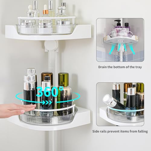 360° Rotating Shower Caddy Tension Pole, 4 Tiers Corner Shower Organizer for Bathroom Shelf Bathtub, Adjustable Standing Shower Rack Bathroom Accessories, Easily Assemble, 34-124 Inch Height, White - color: White, size: 4tiers