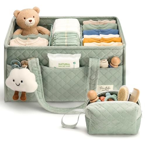 PeraBella Baby Diaper Caddy Organizer, Baby Basket Shower Gift, Portable Changing Table Basket, Postpartum Caddy & Tote Bag Pouch, Newborn Boy & Girl Nursery Essentials Registry, Car Diaper Organizer - color: Sage Green