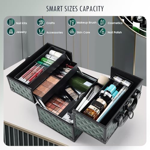 FRENESSA Makeup Case Makeup Box Cosmetic Train Cases Portable Make Up Artist Travel Case Storage Box 4 Trays with Dividers Lockable Hard Makeup Box Craft Nail Kits Case Drak Green - color: Vintage Dark Green