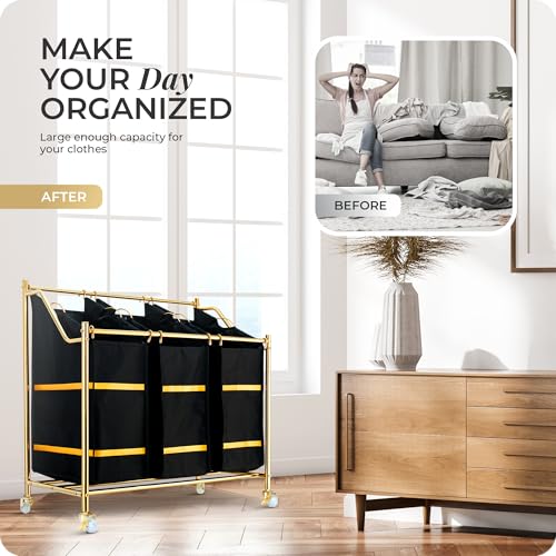 LUXURY STYLE Laundry Hamper, 3-Section Rolling Laundry Sorter Cart with Wheels, Modern Golden Hamper with 3 Bags for Clothes, Toys, and Towels - color: Modern Golden