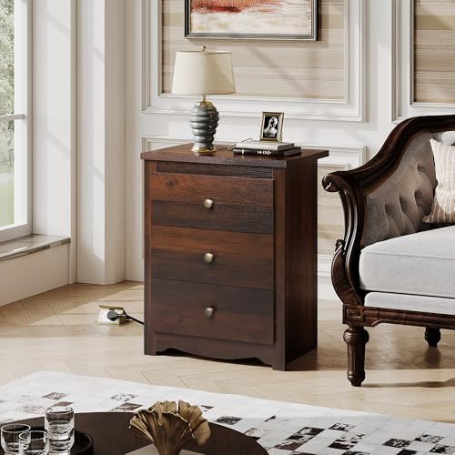 WLIVE Tall Nightstand with Charging Station, Wood Night Stand with 3 Drawers Storage, Bedside Table End Side Tables with 2 USB Ports and Outlets for Bedroom, Closet, Espresso - color: Espresso
