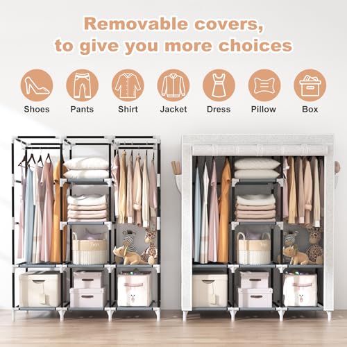 VTRIN Portable Closet Wardrobe for Hanging Clothes with 2 Hanging Rods and 8 Storage Organizer Shelves,Free Standing Clothes Rack with Cover Sturdy Large Wardrobe Closet for Bedroom,Printing - color: Printing, size: 3 Row - 49'' Wide