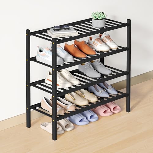 Smiry Bamboo Shoe Rack for Closet, 4 Tier Wooden Stackable Shoe Organizer, Free Standing Shoes Storage Shelf for Entryway, Front Door Entrance, Black - color: Black, size: 4 Tier - Medium