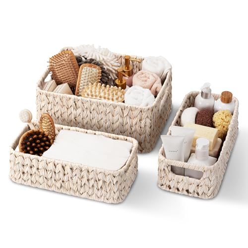 GRANNY SAYS Wicker Baskets for Organizing, Wicker Storage Basket for Shelf, Woven Baskets Oraganizer, Waterproof Vanity Basket for Towel, Home Organization, 3-Pack - color: Butter Milk, size: 14½"L x 10¼"W x 7"H + 2x 13"L x 6"W x 4½"H
